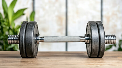 Adjustable dumbbell barbell weight plate on wooden table in bright room