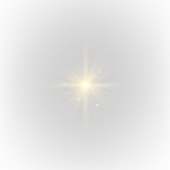 Yellow star shines with luminous glow. PNG. Floating sparkling particles, glitter, dolden dust, tiny gold stars surround it while radiant beams and sparks scatter outward. © Ole moda