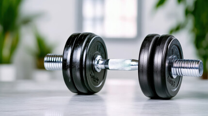 Adjustable dumbbell on floor in home gym with soft natural light