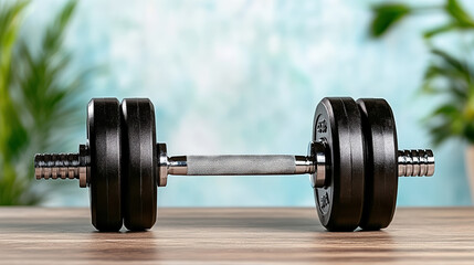 Naklejka premium Adjustable dumbbell on wooden floor with blurred plants and soft light