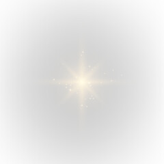 Soft yellow star glows with sparkling light. PNG. Floating dust, glitter sun, and tiny stars surround it golden luminous beams and soft sparks radiate outward.