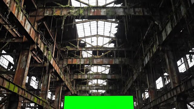 Vast abandoned industrial factory interior with rusted metal structure and broken roof letting in natural light