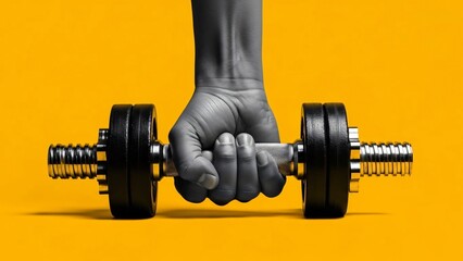 Close-up of a Hand Gripping a Dumbbell Against a Bright Orange Background