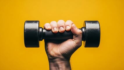 Hand Gripping a Black Dumbbell Against a Bright Yellow Background