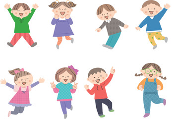 ジャンプする子供たちのイラストセット