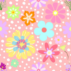 Cheerful floral pattern with colorful flower and white polka dot on pink background. Sweet seamless design for fabric, wallpaper, or wrapping paper, happy and vibrant repeat