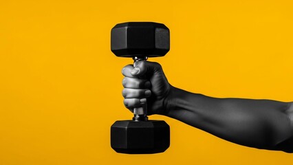 Close-up of Hand Gripping a Black Hexagonal Dumbbell Against Yellow Background