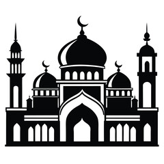Intricate black mosque silhouette features crescent moon and minarets, isolated against white