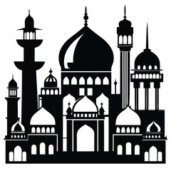 Intricate black silhouette depicts detailed mosque architecture featuring domes and minarets against a white background