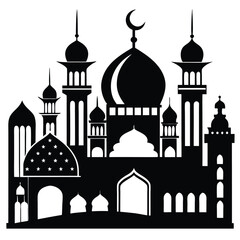 Silhouette illustration features a beautiful mosque complete with towers, domes, crescent moon on the top