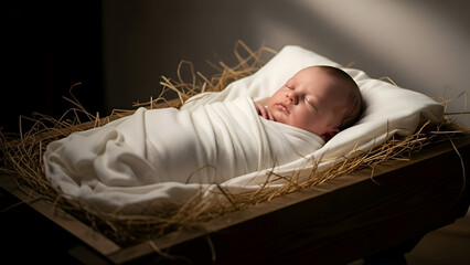 Newborn baby peacefully sleeps wrapped in white cloth inside wooden manger filled with straw, symbolizing the nativity scene and evoking a sense of peace and reverence.