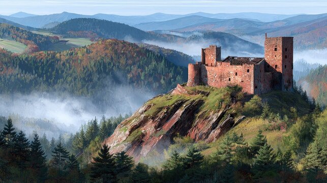 Ancient stone fortress stands atop a rocky prominence overlooking misty forested mountains.