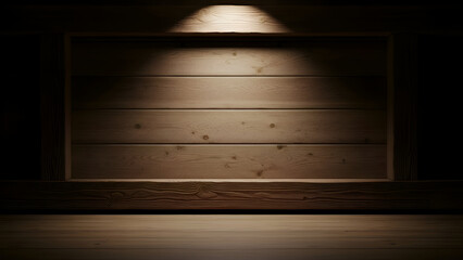 Wooden panel glows under single spotlight in dark room, creating dramatic and mysterious atmosphere with focus on texture and light play.