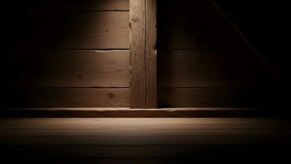 Wooden beam stands prominently in dimly lit attic space, casting shadows and creating a sense of mystery and confinement.