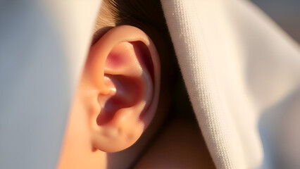 Closeup of a human ear bathed in soft sunlight, highlighting its delicate structure and warm skin tone, creating a serene and intimate atmosphere.