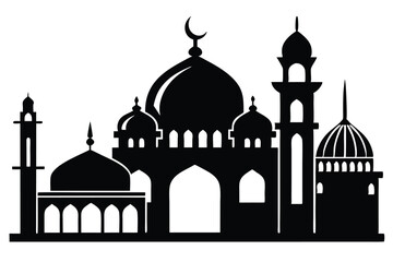 Silhouette of grand mosque features arches, domes, and spires against a stark white background