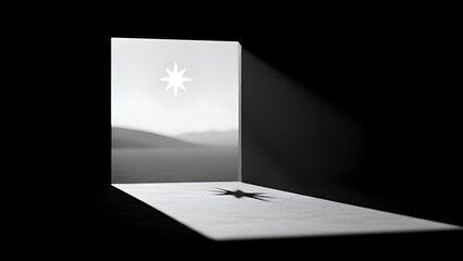 Star shines through a window onto a desert landscape, casting a shadow of a star shape on the floor in a minimalist and surreal composition.