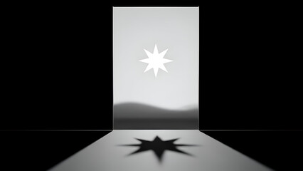 Abstract star shines brightly through open doorway revealing blurred landscape in surreal, minimalist composition creating a sense of mystery and hope.
