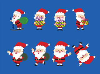 Santa Claus in Dynamic Action Poses Including Skiing and Gift Giving. Ideal for concepts of celebration, holiday fun, winter activity, Santa character design, and joyful seasonal energy