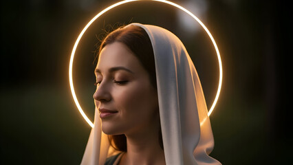Young woman with halo around her head stands serenely in a peaceful garden, embodying purity and grace in a spiritual portrait.