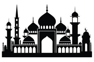 Black silhouette depicts an intricate mosque structure against white backdrop, showcasing complex architecture