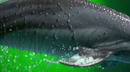 Close-up of a wet, black leaf with water droplets on a green background. - Powered by Adobe