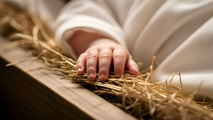 Tiny hand of newborn baby Jesus rests peacefully on straw in manger, symbolizing the humble beginning of Christmas story and the hope for salvation.