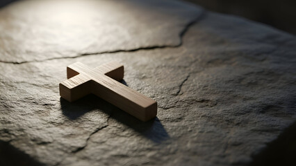 Wooden cross rests on a rough gray stone surface, symbolizing faith and spirituality in a simple, serene, and contemplative composition.