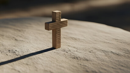Wooden cross stands on sandy surface casting long shadow symbolizing faith and hope in simple yet powerful spiritual scene.
