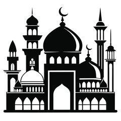 A striking black mosque silhouette showcases beautiful architecture and crescent moon ornamentation against the clear white backdrop