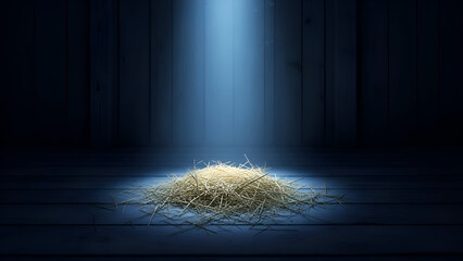 Pile of straw sits alone under a single spotlight in a dark wooden barn, evoking a sense of anticipation and quiet reverence.