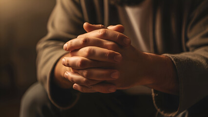 Man praying with hands clasped together in dimly lit room seeking solace and guidance during difficult times, conveying hope and faith.