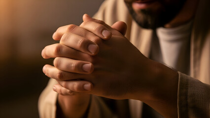 Man praying with hands clasped together in quiet room seeking guidance and solace through faith and spiritual connection in a moment of reflection and hope.