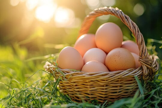 A wicker basket filled with brown eggs sits on a grassy field under a warm sun.
