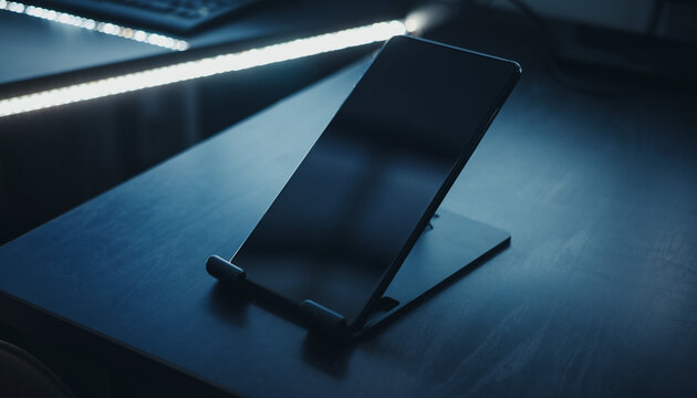 Sleek dark smartphone resting on a minimalist desk stand, subtly illuminated in a contemporary home office or creative workspace, highlighting digital connectivity and modern communication technology