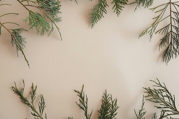 Elegant evergreen branches frame a calming neutral background, perfect for stylish holiday cards and winter season promotions with a natural, minimalist design