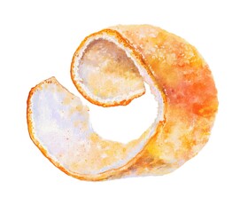 Peeled mandarin skin, hand painted in watercolor on white background. Ideal for citrus artwork, food illustrations, kitchen designs, festive holiday themes, and natural botanical projects