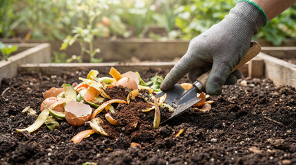 Obraz premium Hand Composting Organic Waste in a Garden