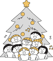 クリスマツツリーの前で歌う子供たち単色