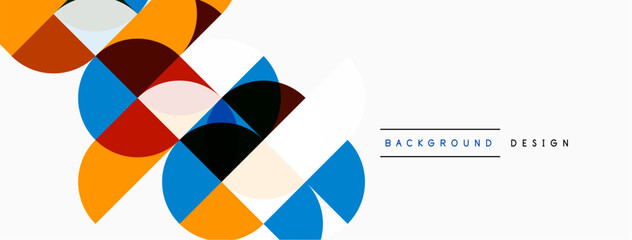 Abstract geometric shapes overlap, creating dynamic visual interest. Orange, blue, black, gray tones dominate composition. Minimalist design.