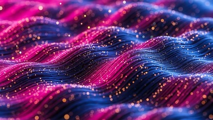 Abstract 3D Rendering of Flowing Waves of Blue and Pink Threads with Glittering Particles Futuristic Technology Background