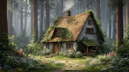 Rustic cottage nestled deep within a dense, mist-shrouded forest setting