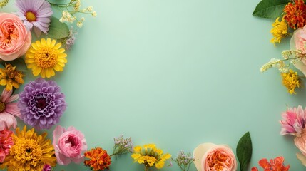 Obraz premium Colorful spring flower border on green background