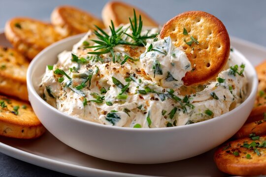Cream cheese dip with fresh herbs and crackers