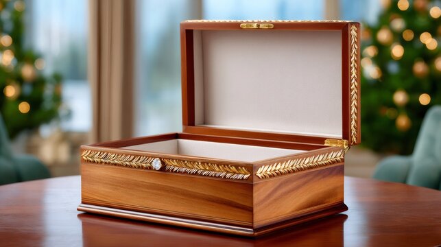 Empty wooden jewelry box opening luxurious gift