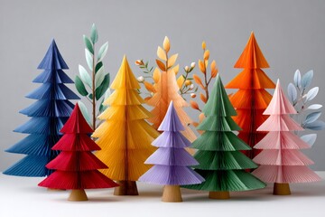 Colorful papercraft Christmas trees creating festive holiday scene
