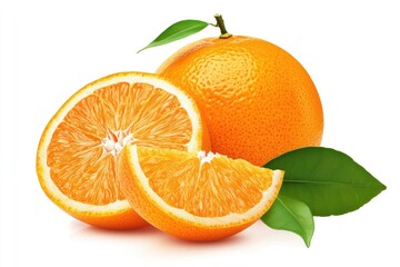 A vibrant orange fruit, cut in half to reveal its juicy interior, surrounded by green leaves.