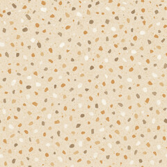 Seamless beige terrazzo texture background with brown and orange stone chips. Modern Venetian floor pattern surface with scattered granite fragments for interior design, ceramic tiles, wallpaper, or a