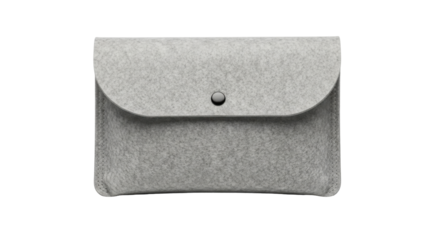 A close-up shot of a gray felt laptop sleeve with a button closure.