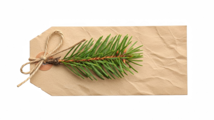 Kraft paper tag with a tied string and a green pine branch on top placed on a black background on transparent background